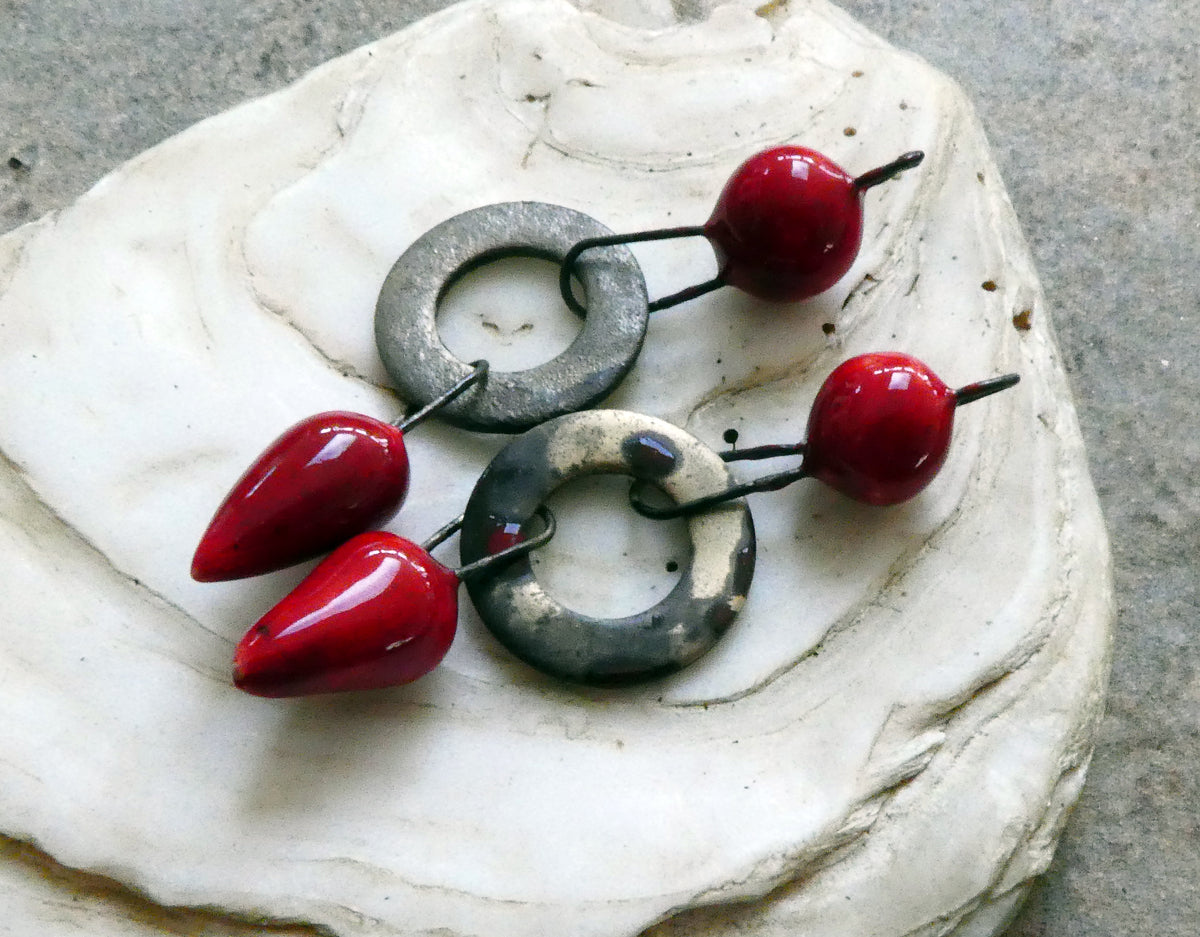 Ceramic Grungy Hoopy Dangles - Red