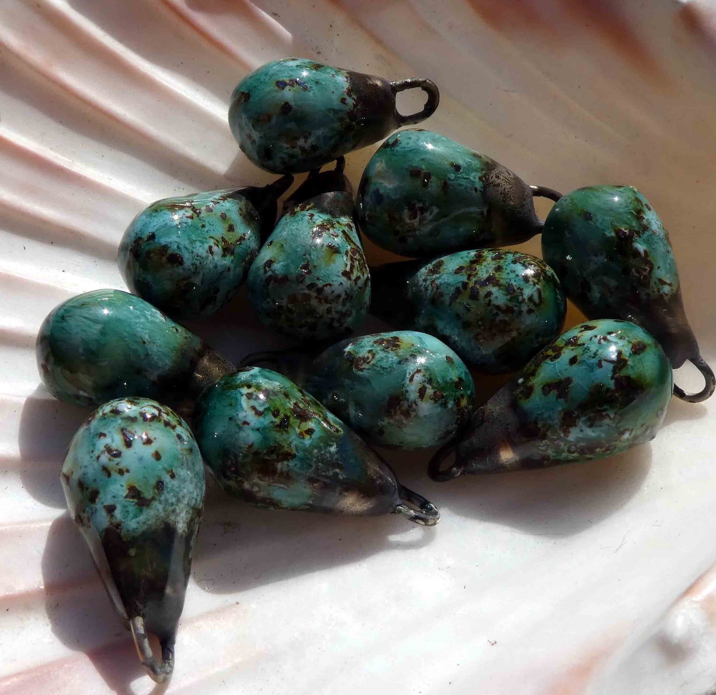 Ceramic Bronzy Drop Earring Charms - Turquoise Crackle Glimmer