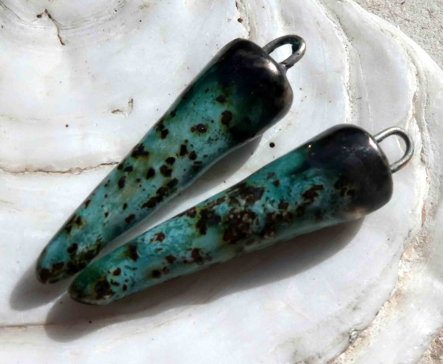Ceramic Bronzy Spike Earring Charms - Turquoise Crackle Glimmer