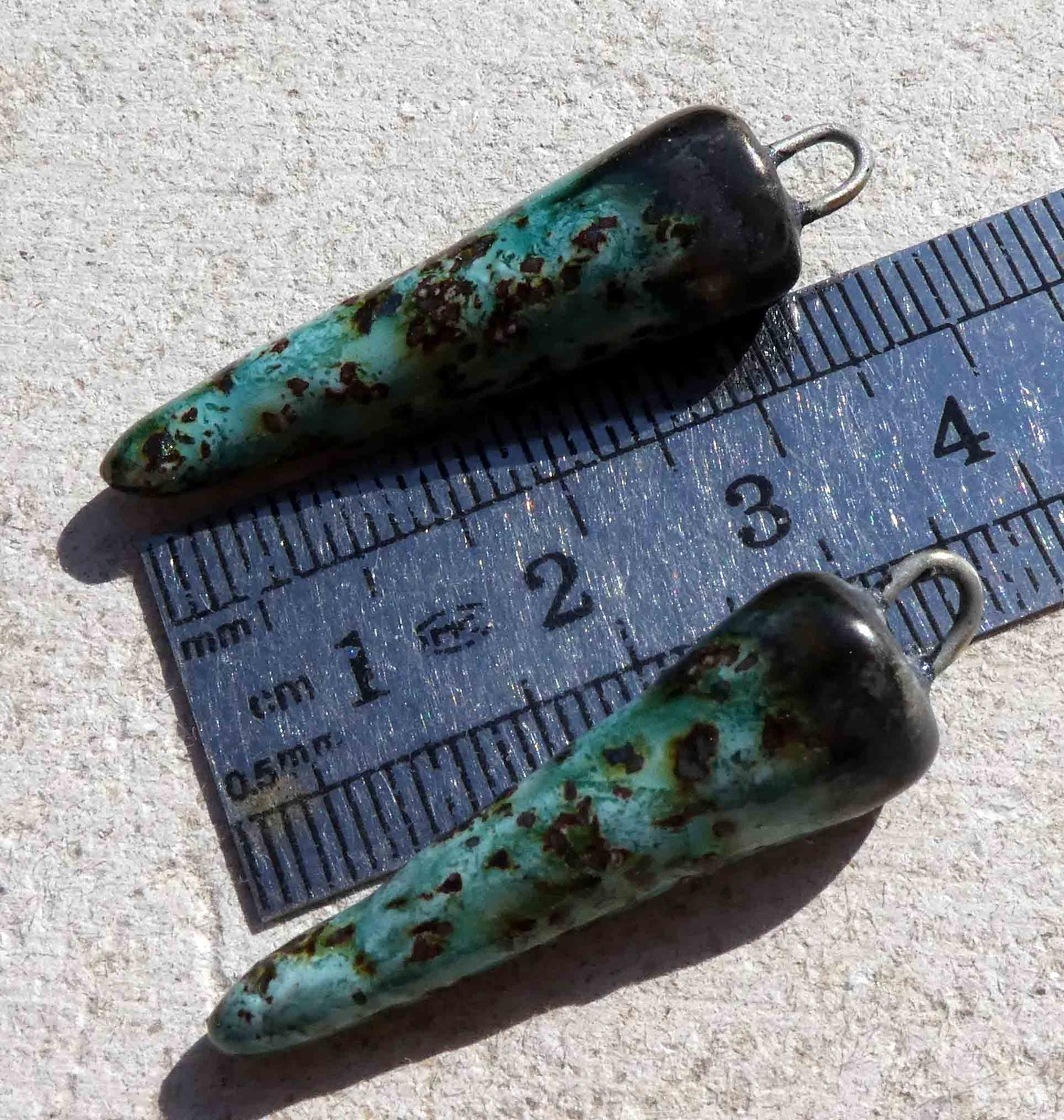 Ceramic Bronzy Spike Earring Charms - Turquoise Crackle Glimmer