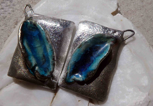 Ceramic Slashed Glassy Tablet Earring Charms - Blue #2