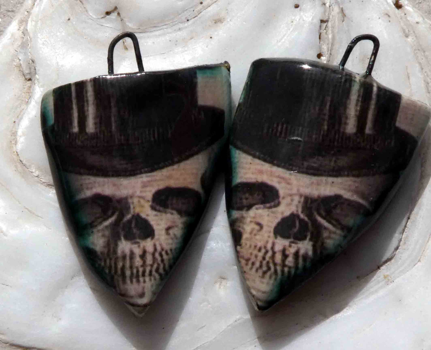 Ceramic Spooky Decal Shield Earring Charms -Skull #4