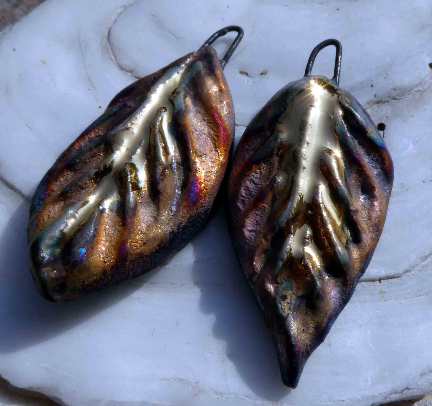 Ceramic Textured Scorched Lustre Leaves Earring Charms - Gold