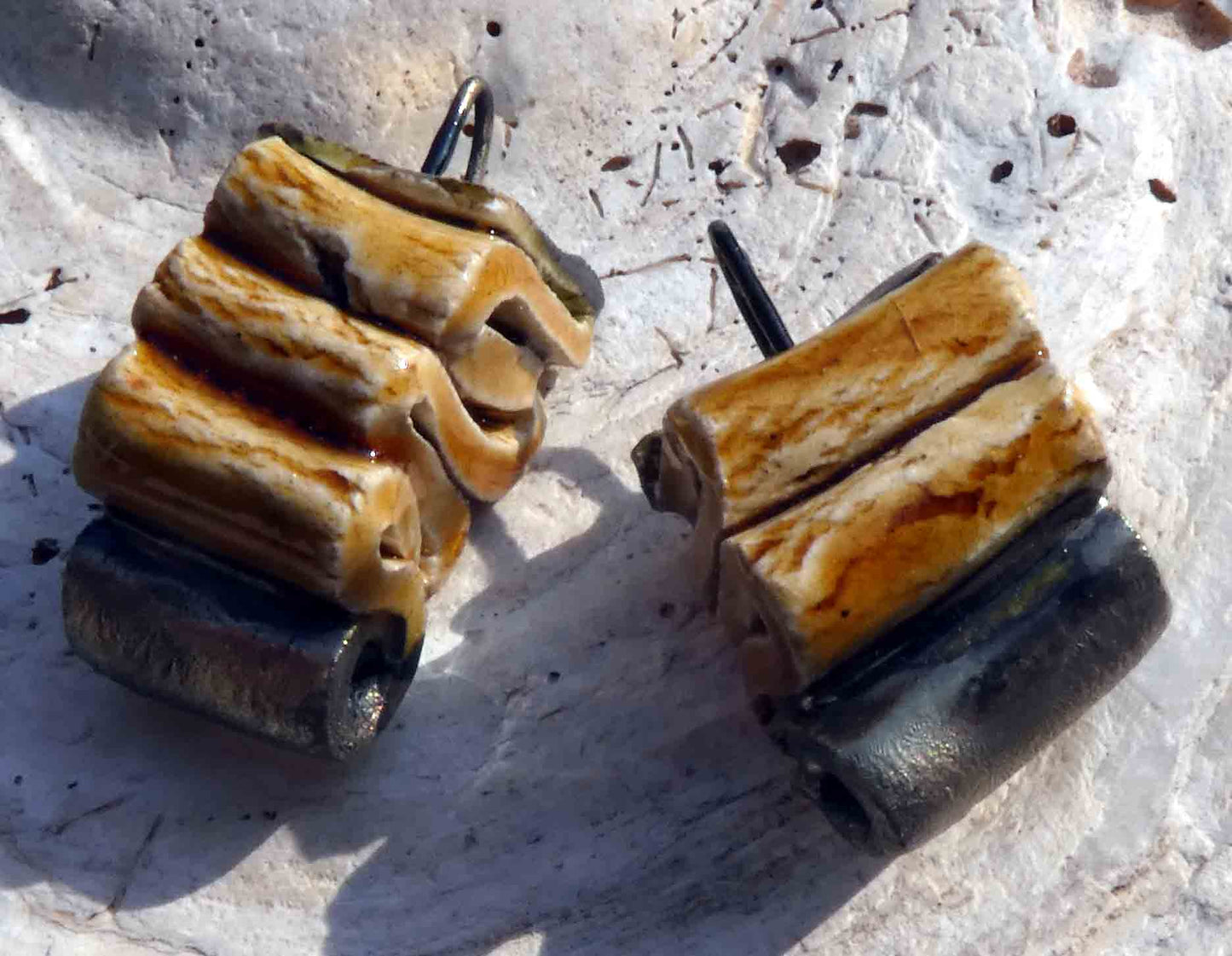 Ceramic Folded Ribbon Earring Connectors -Cognac - Asymmetric
