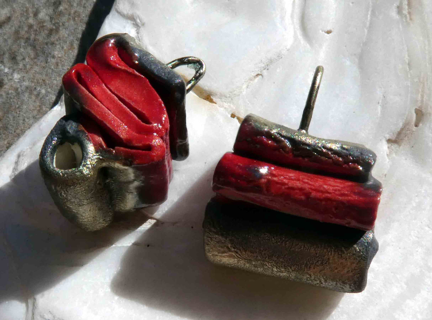 Ceramic Folded Ribbon Earring Connectors -Red