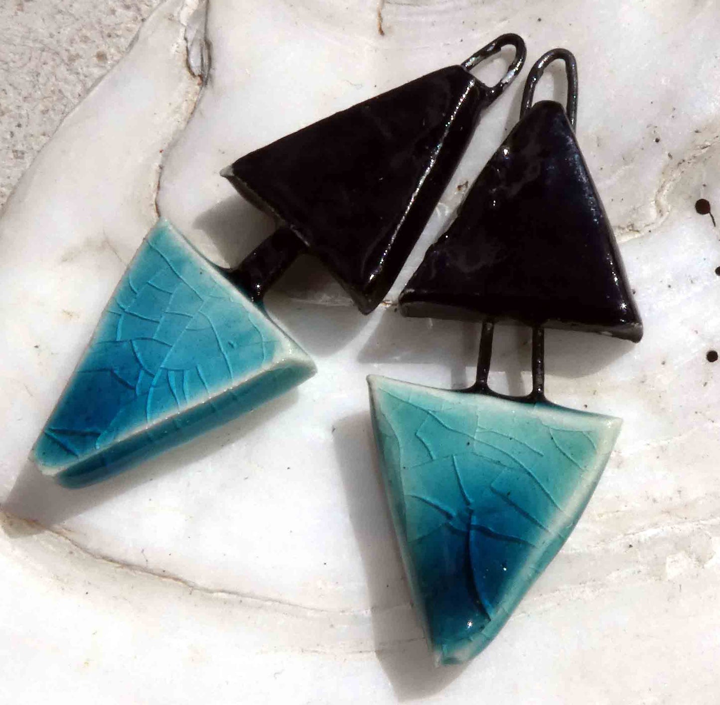 Ceramic Double Triangle Dangles - Black and Oriental Blue