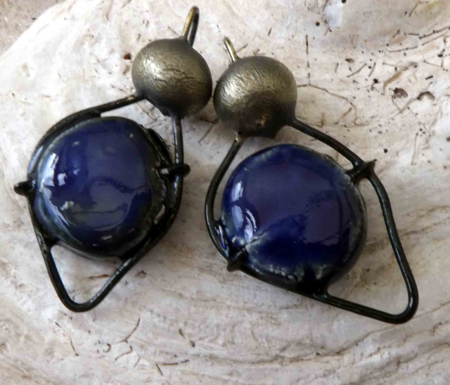 Ceramic Wire and Disc Earring Connectors -Mirror Blue