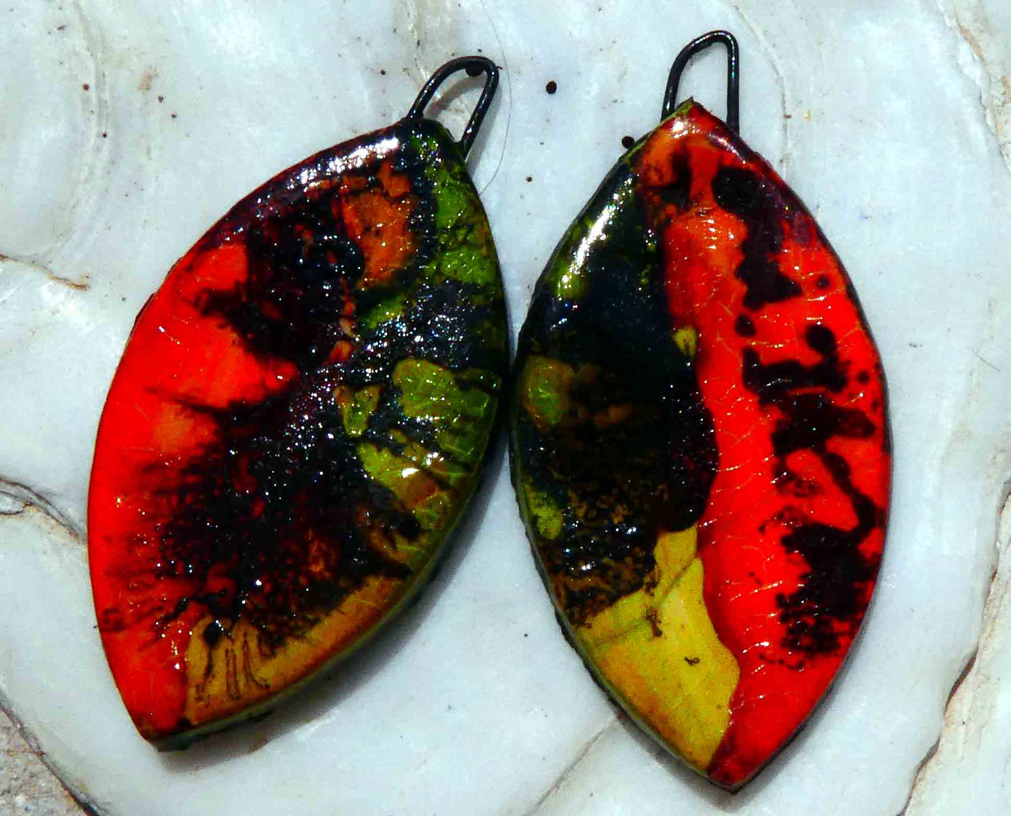 Ceramic Feather Scorched Earring Charms -Red Green