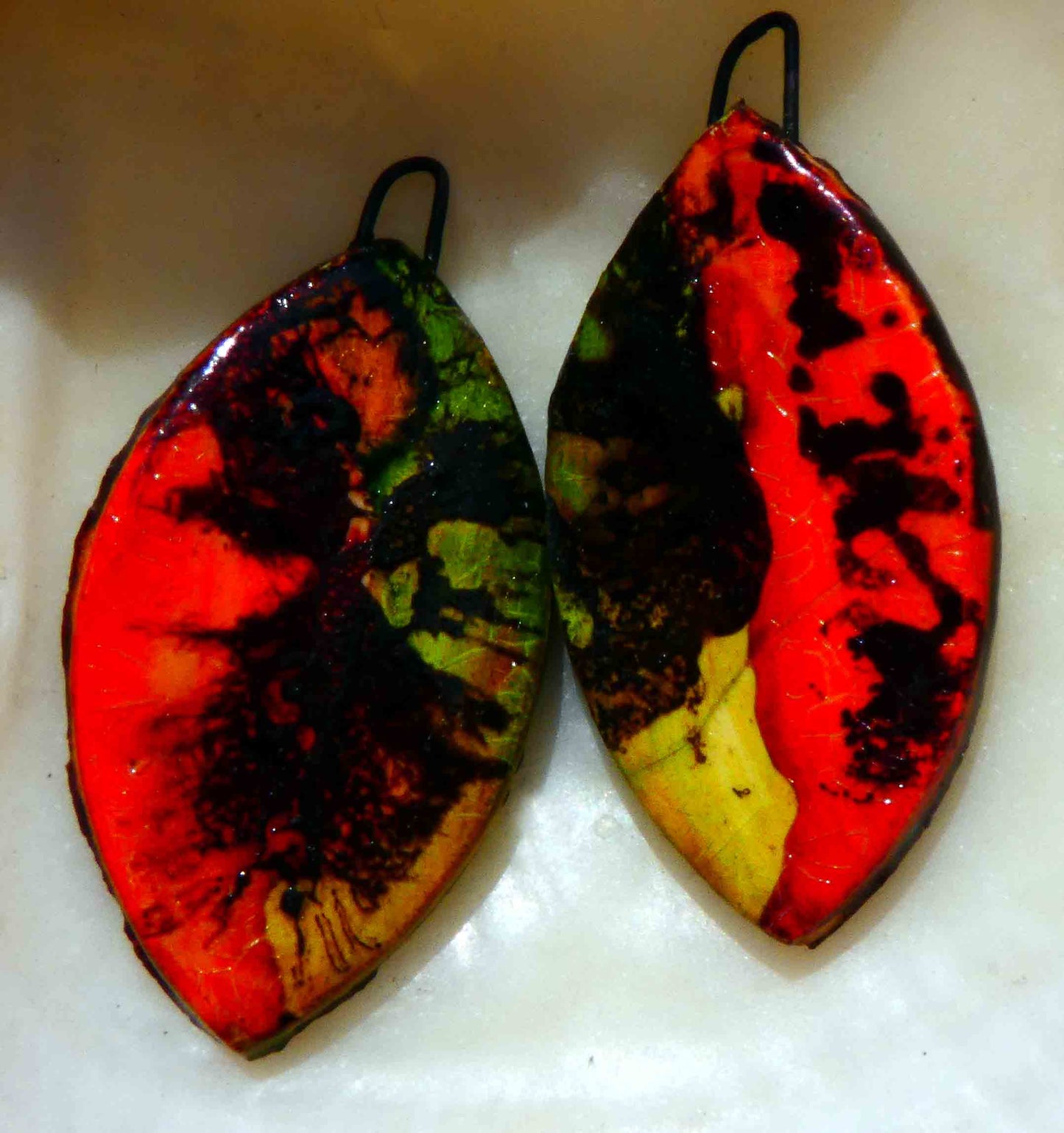 Ceramic Feather Scorched Earring Charms -Red Green