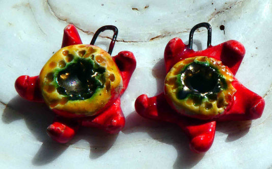 Ceramic Funky Flower Drops -Red and Yellow