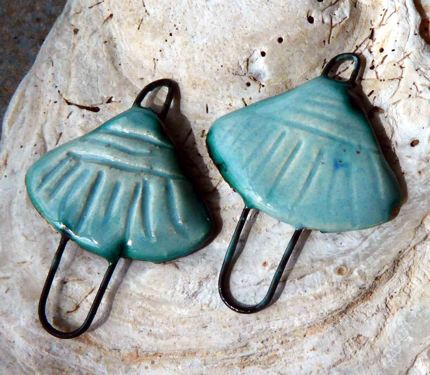 Ceramic Textured Fan Earring Connectors-Seabreeze