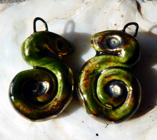 Ceramic Curled Snake Earring Charms - Olive