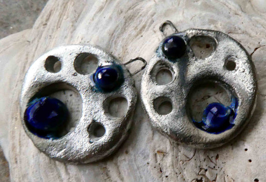 Ceramic  Granule Silver Disc Earring Charms - Mirror Blue
