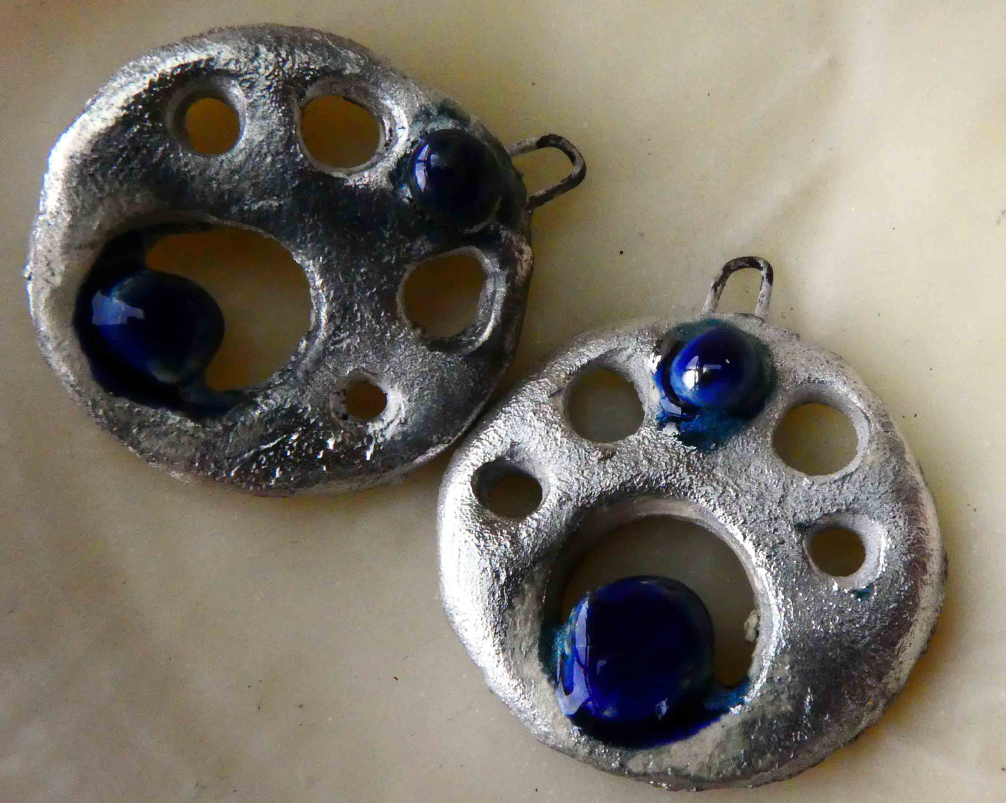 Ceramic  Granule Silver Disc Earring Charms - Mirror Blue