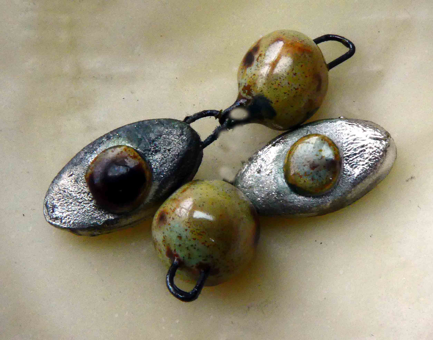 Ceramic  Silver Bobble and Oval Dangles - Spotted Malachite