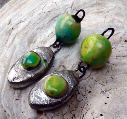 Ceramic  Silver Bobble and Oval Dangles - Lime