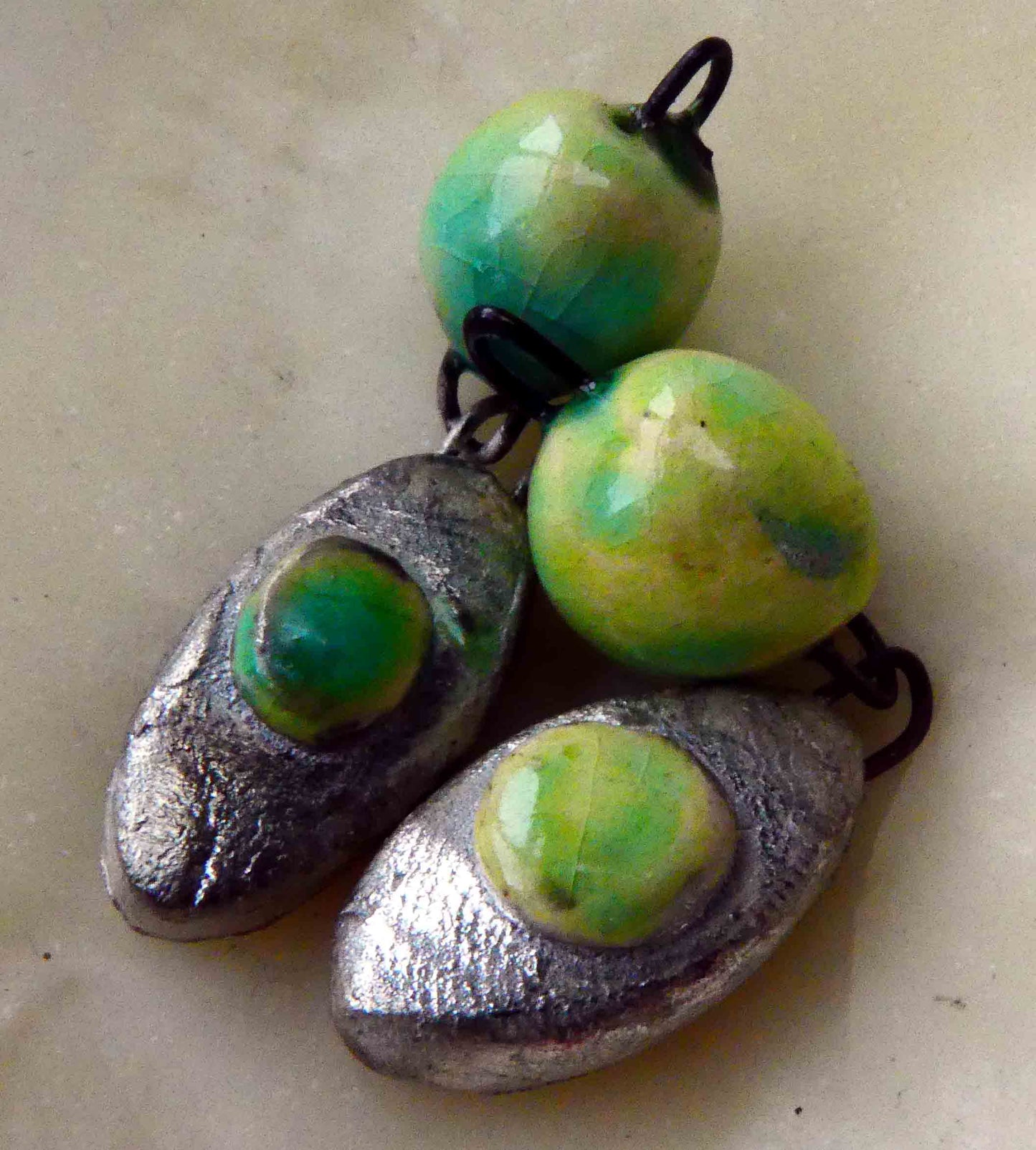 Ceramic  Silver Bobble and Oval Dangles - Lime