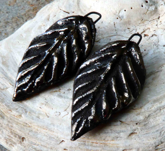 Ceramic Black Textured Leaf Earring Charms - Platinum Lustre