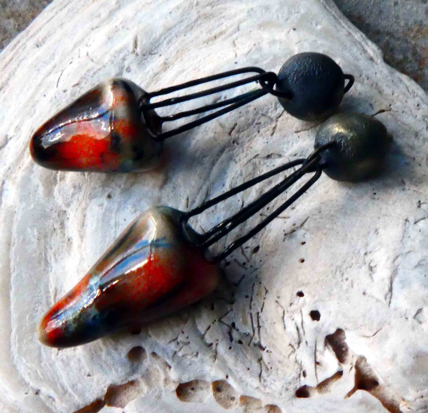Ceramic Cone and Double Hoop Bobble Dangles -Smoke and Fire - Asymmetric