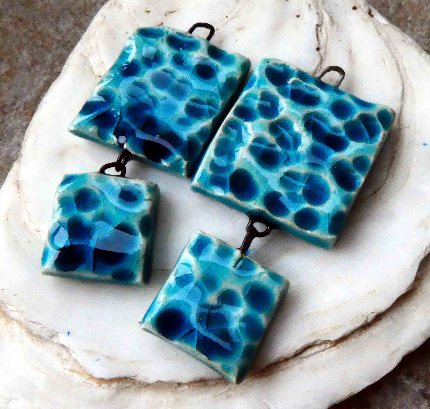 Ceramic Dimpled Double Square Earring Dangles -Oriental Blue -Asymmetric