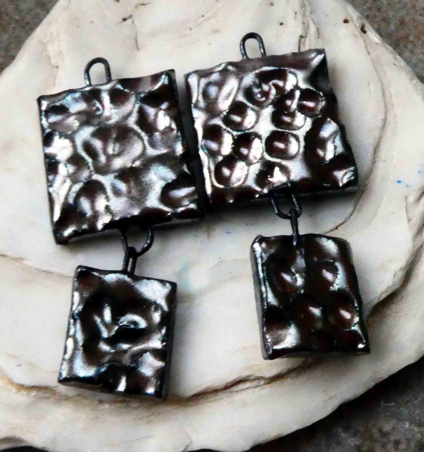 Ceramic Dimpled Double Square Earring Dangles -  Gloria