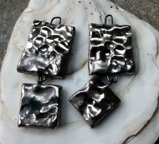 Ceramic Dimpled Double Square Earring Dangles -Platinum