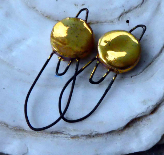 Ceramic Two Hoop and Disc Earring Connectors - Gold Lustre