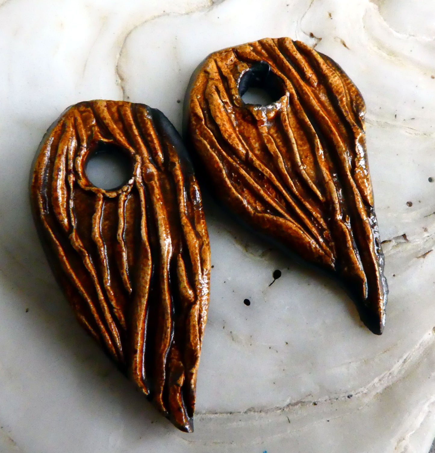 Ceramic Barky Textured Shard Earring Charms - Cognac