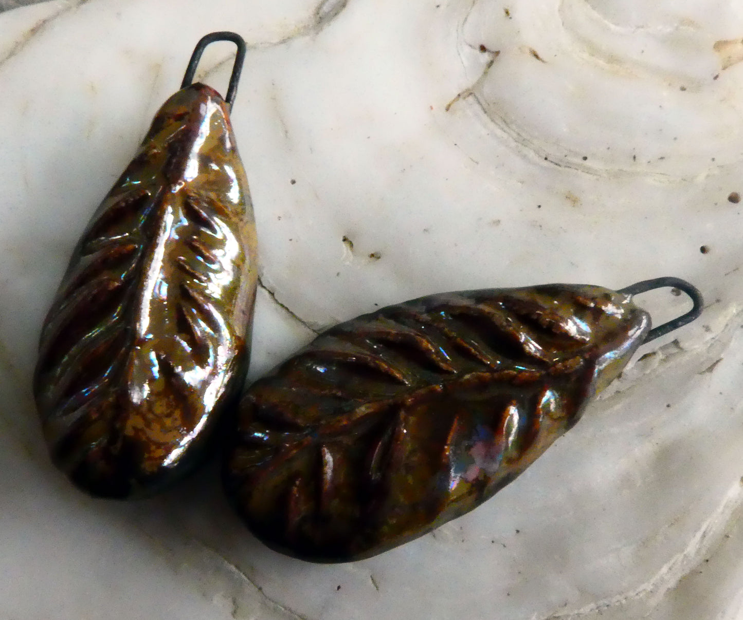 Ceramic Textured Feather  Earring Charms -Old Gold