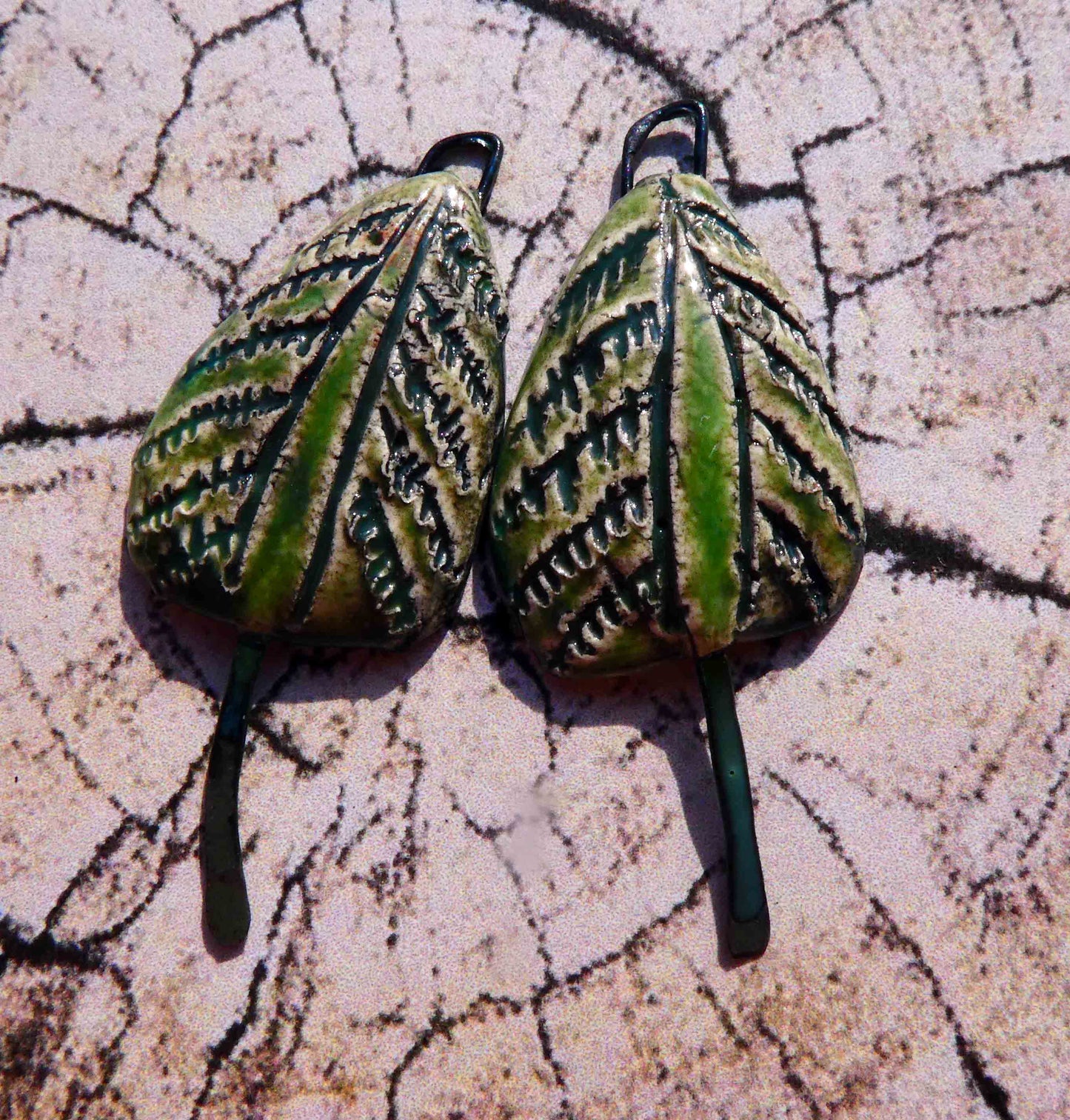 Ceramic Tree Earring Dangles -Green Crackle