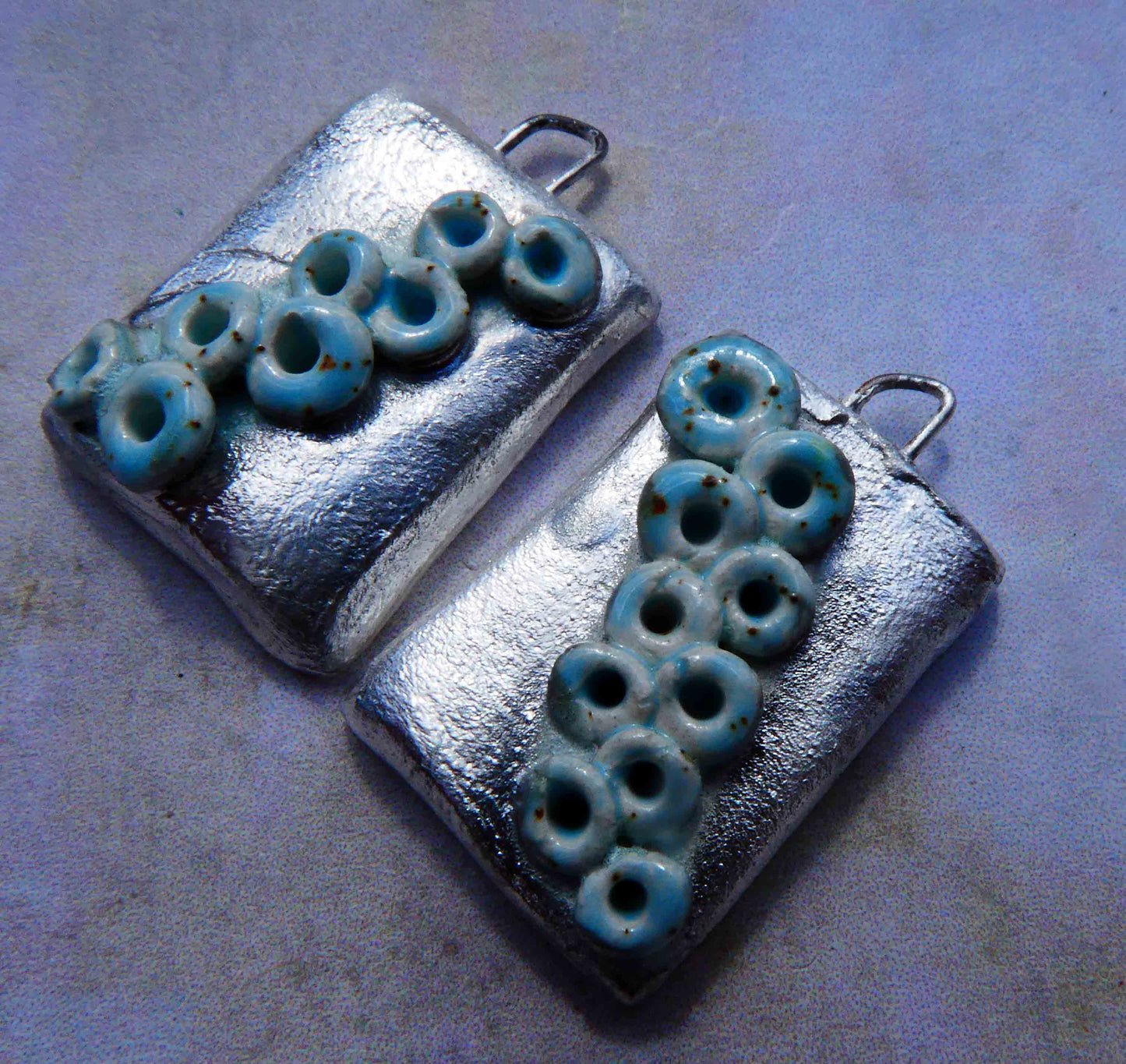 Ceramic Lichen Silvery Tablet Earring Charms -Turquoise Sandstone