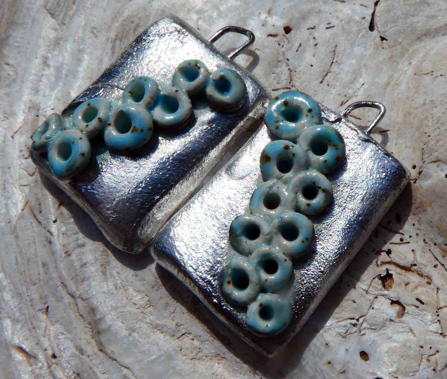 Ceramic Lichen Silvery Tablet Earring Charms -Turquoise Sandstone