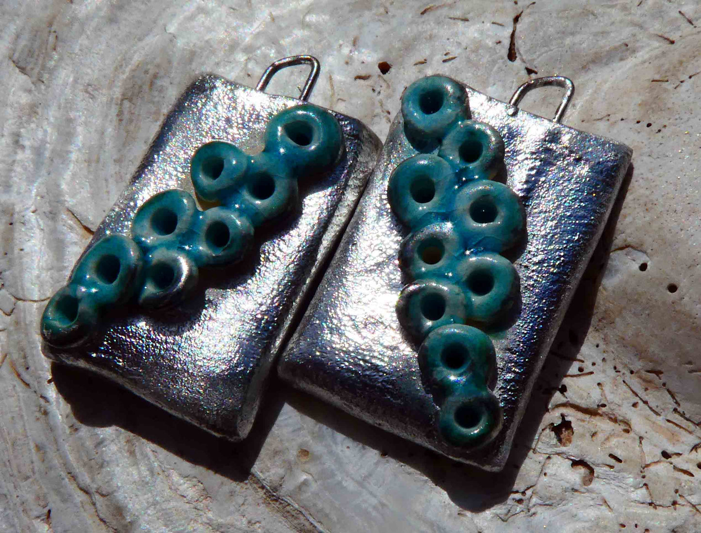 Ceramic Lichen Silvery Tablet Earring Charms -Topaz