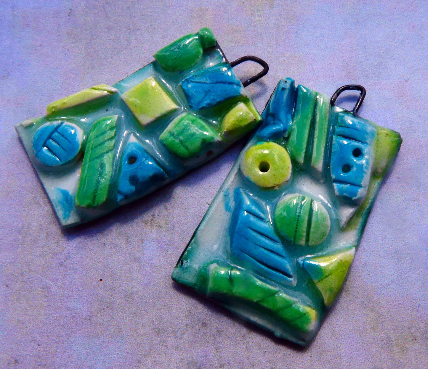 Ceramic Mosaic Tablet Earring Charms -Blue Green #2