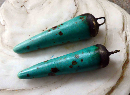 Ceramic Bronzy Spike Earring Charms - Turquoise Speckle