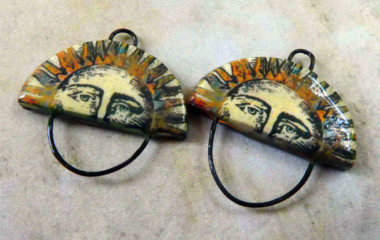 Ceramic Vintage Sun Decal Earring Connectors #1
