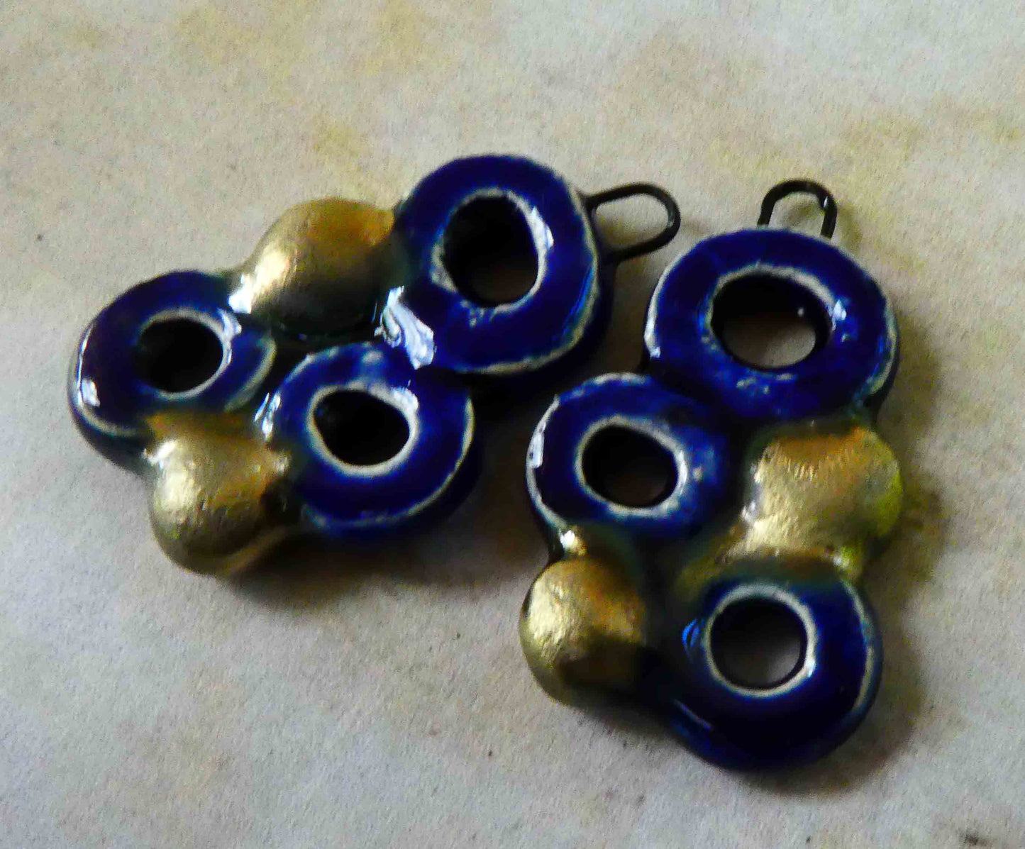 Ceramic Three Hoop Earring Charms -Mirror Blue and Bronze