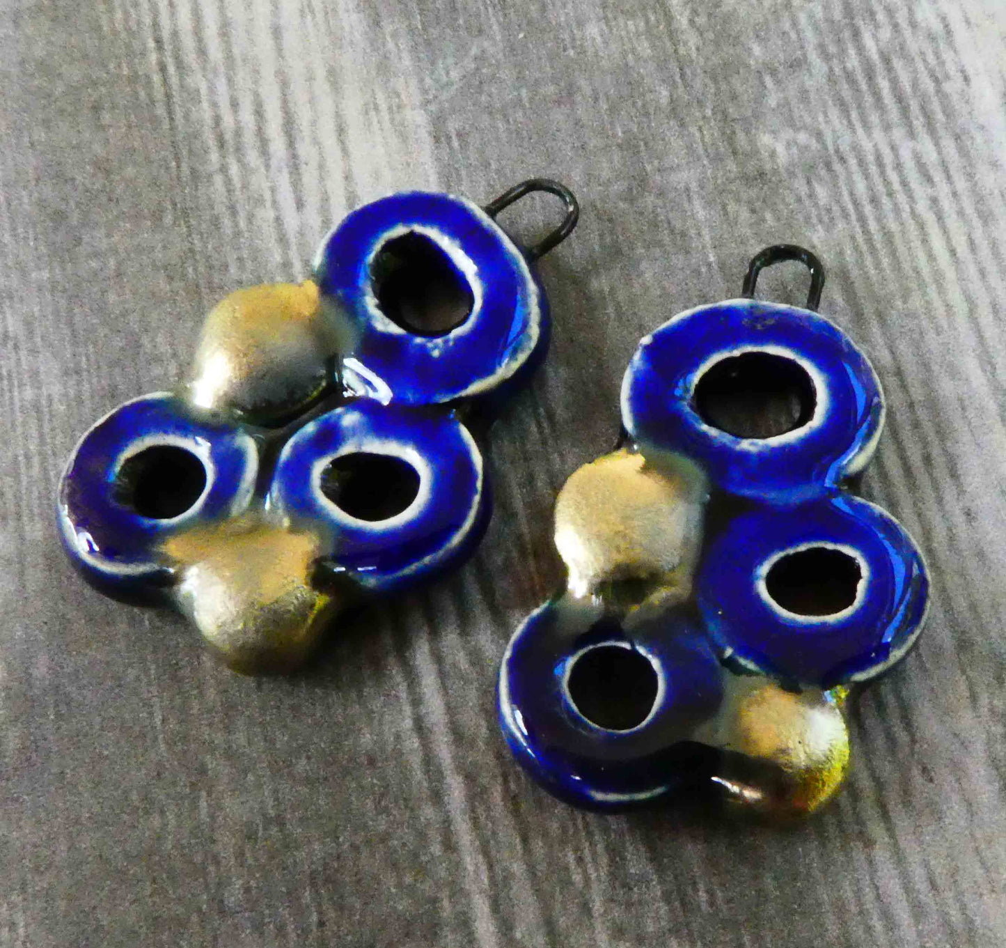 Ceramic Three Hoop Earring Charms -Mirror Blue and Bronze