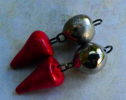 Ceramic Bobble and Spikelet Dangles - Platinum Lustre and Red