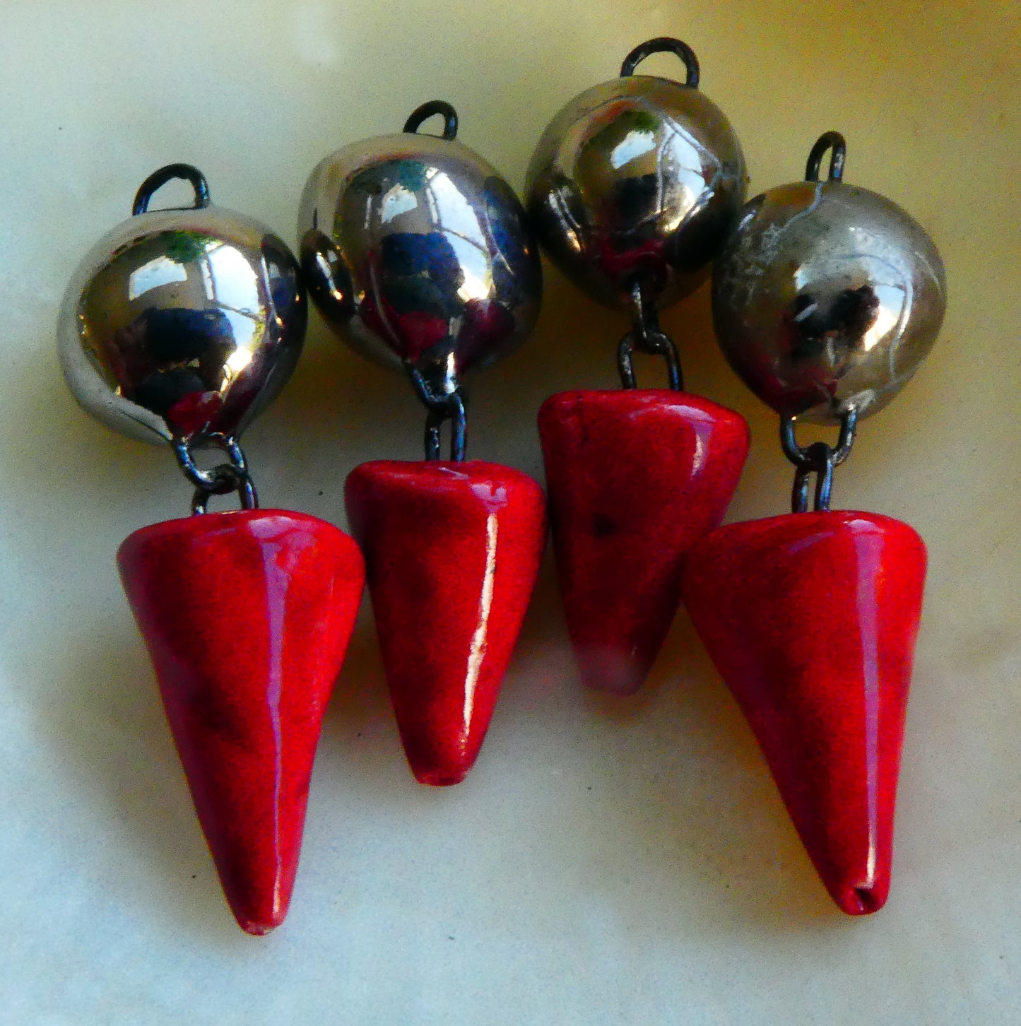 Ceramic Bobble and Spikelet Dangles - Platinum Lustre and Red