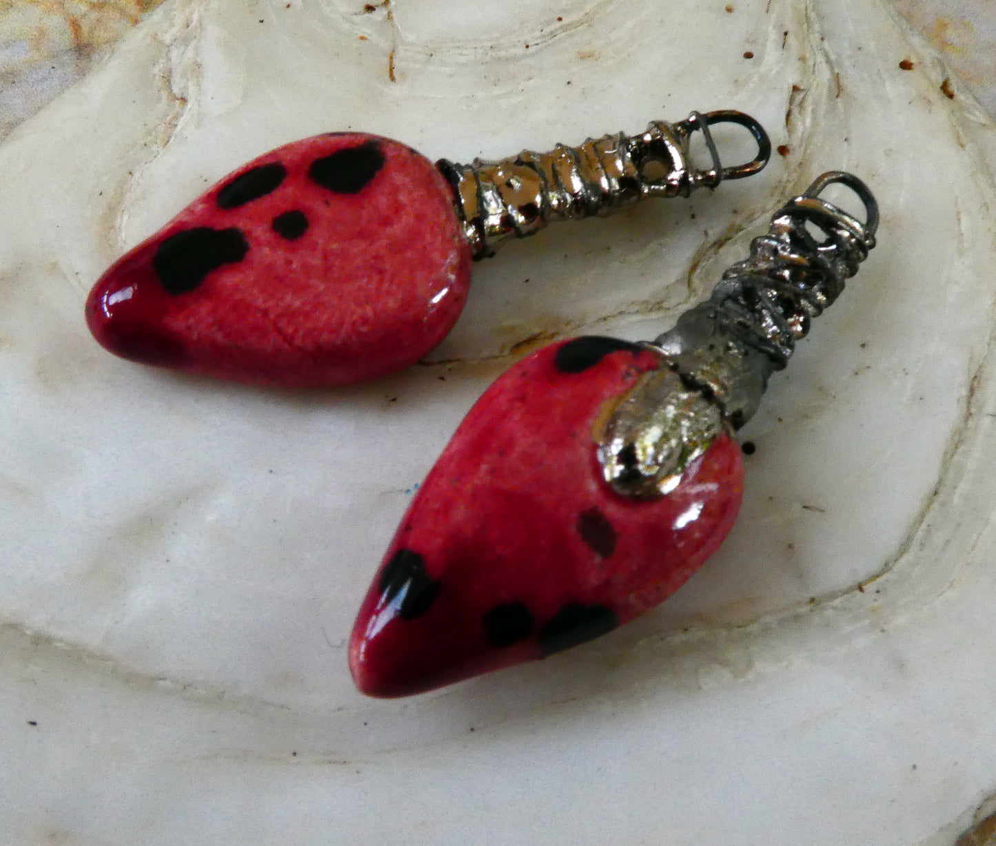 Ceramic Pointy Wire Wrapped Earring Charms -Cranberry Frost and Platinum Lustre