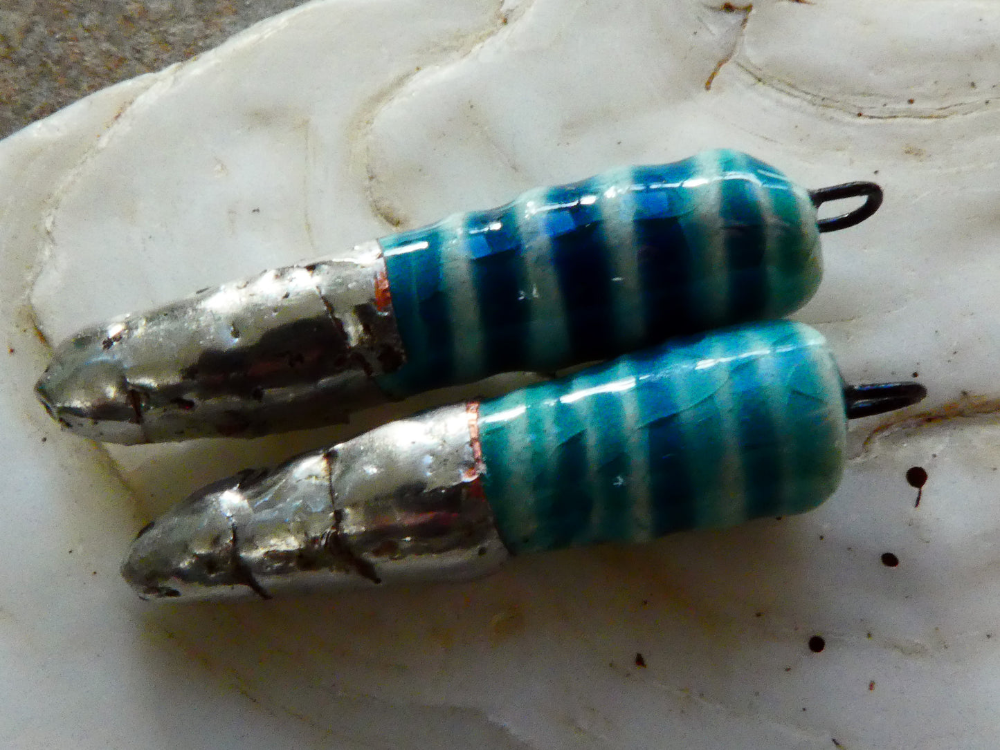 Ceramic Metallic Ribbed Spike Charms -Oriental Blue - Asymmetric