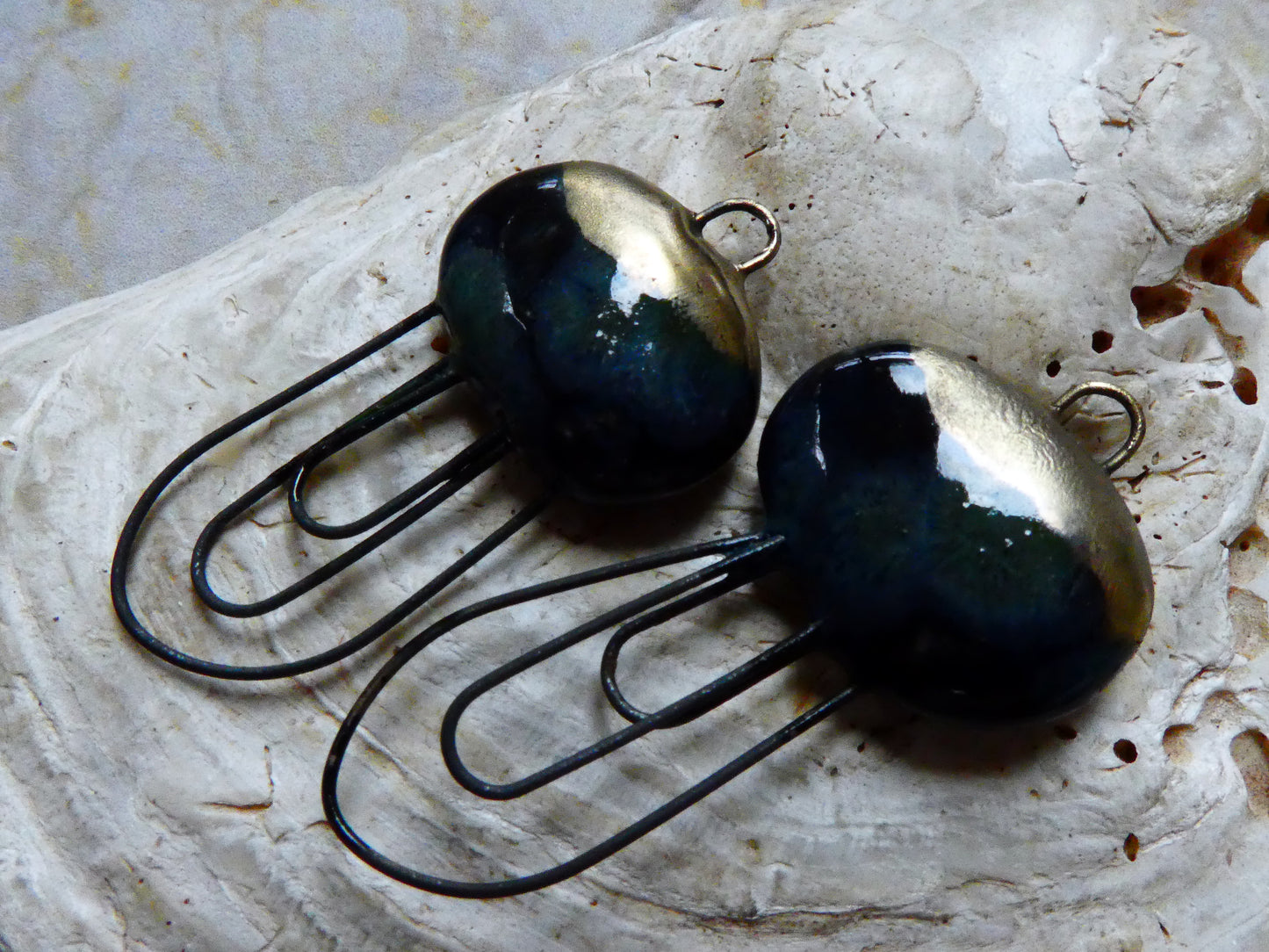 Ceramic Three Hoop Pebble  Earring Connectors - Obsidian