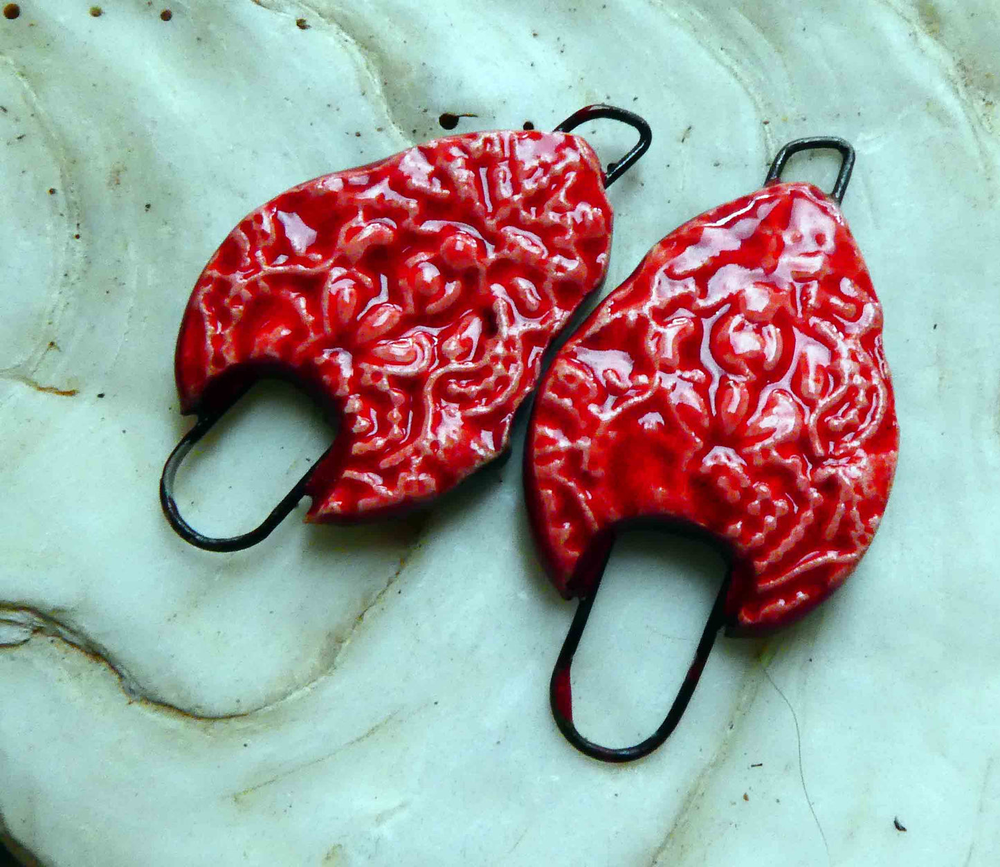 Ceramic Filligree Arch Earring Connectors -Bright Red