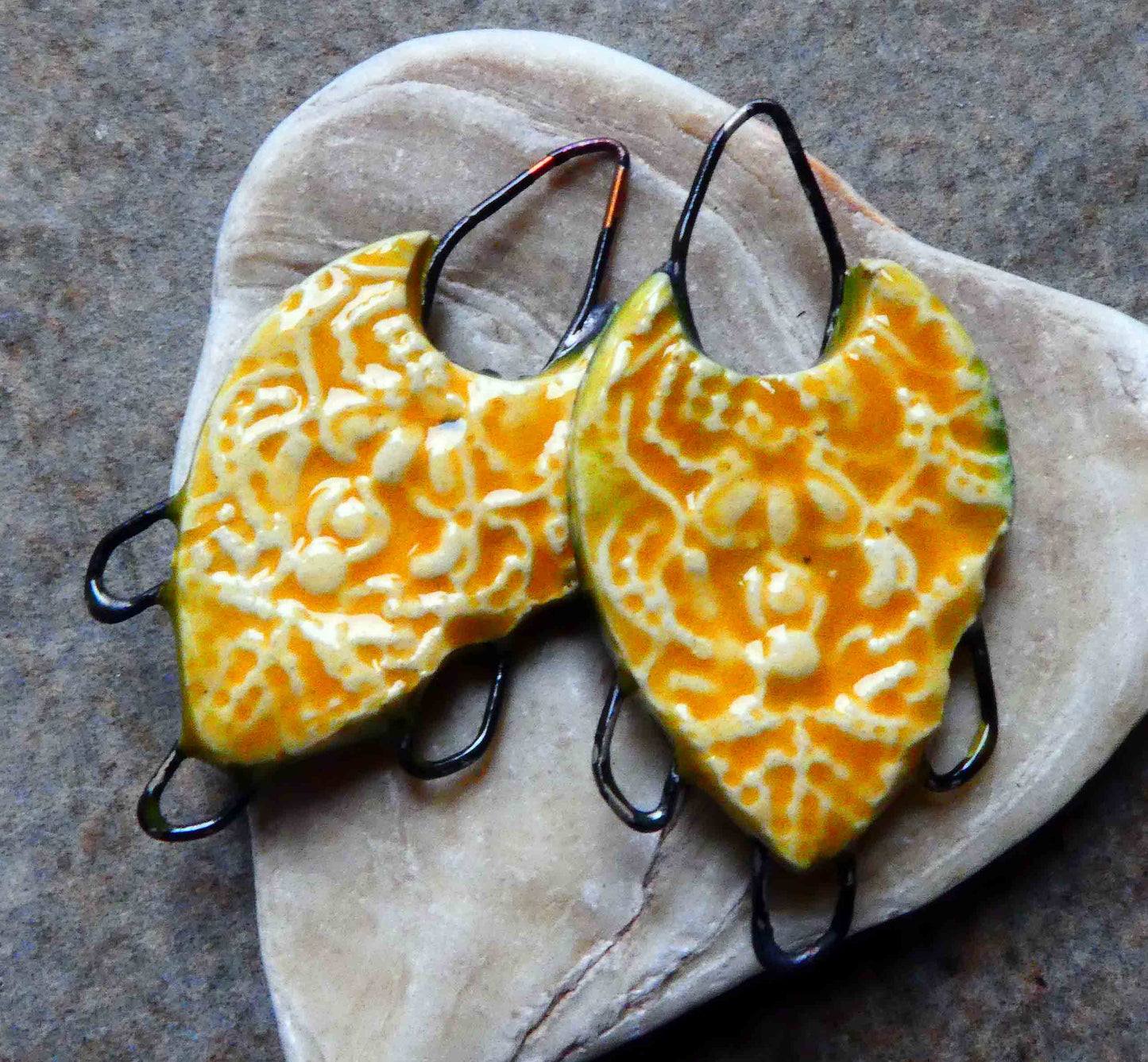 Ceramic Filligree Three Hoop Earring Connectors -Yellow