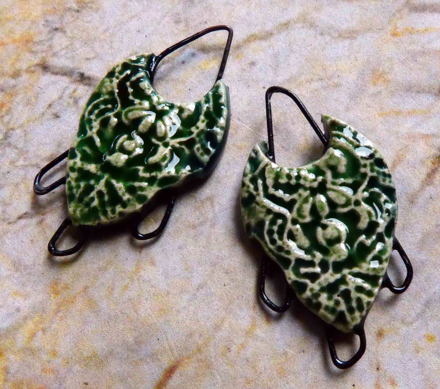 Ceramic Filligree Three Hoop Earring Connectors -Algae Bloom