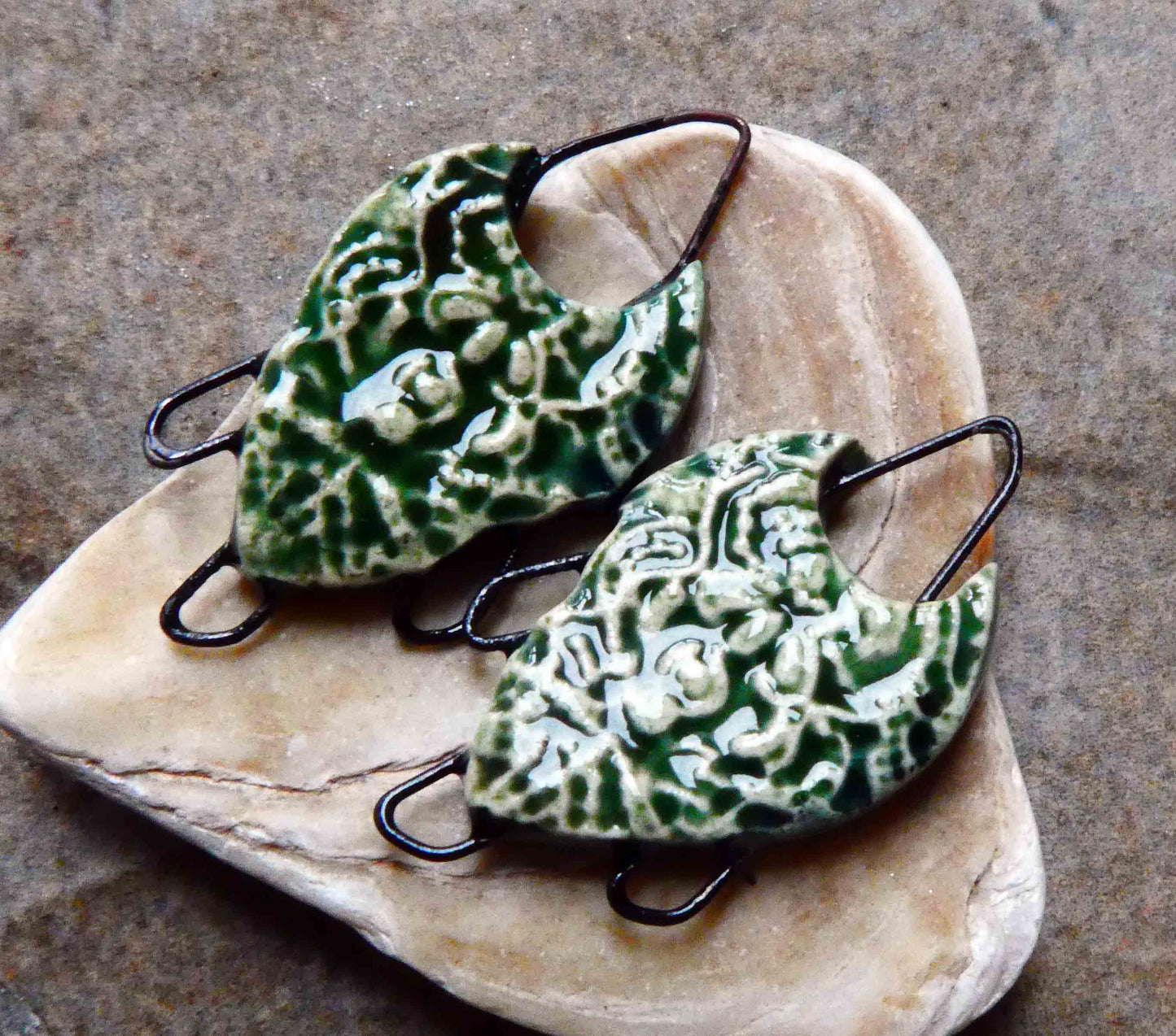 Ceramic Filligree Three Hoop Earring Connectors -Algae Bloom