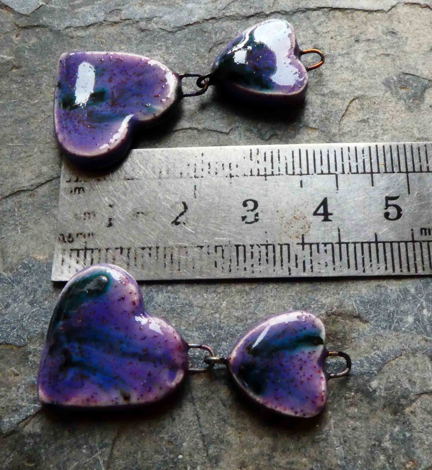 Ceramic Double Heart Earring Dangles - Violet Speckle